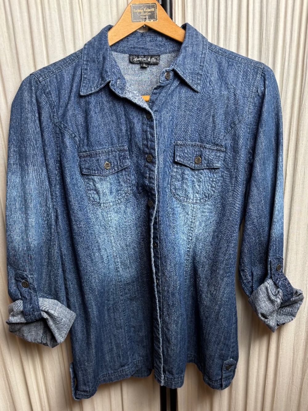 Aimee & Co. Large Chambray Denim Button Down Shirt | Roll Tab Sleeve Utility Top